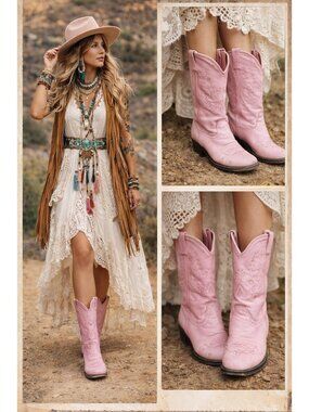 Pink Western Cowboy Boots Leather Embroidered Mid Calf Women US 8.5–9 Vintage